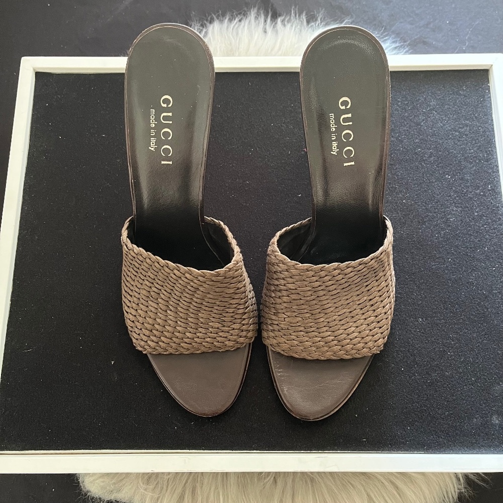 Gucci Brown Woven Fabric Mule Sandals Size 8B